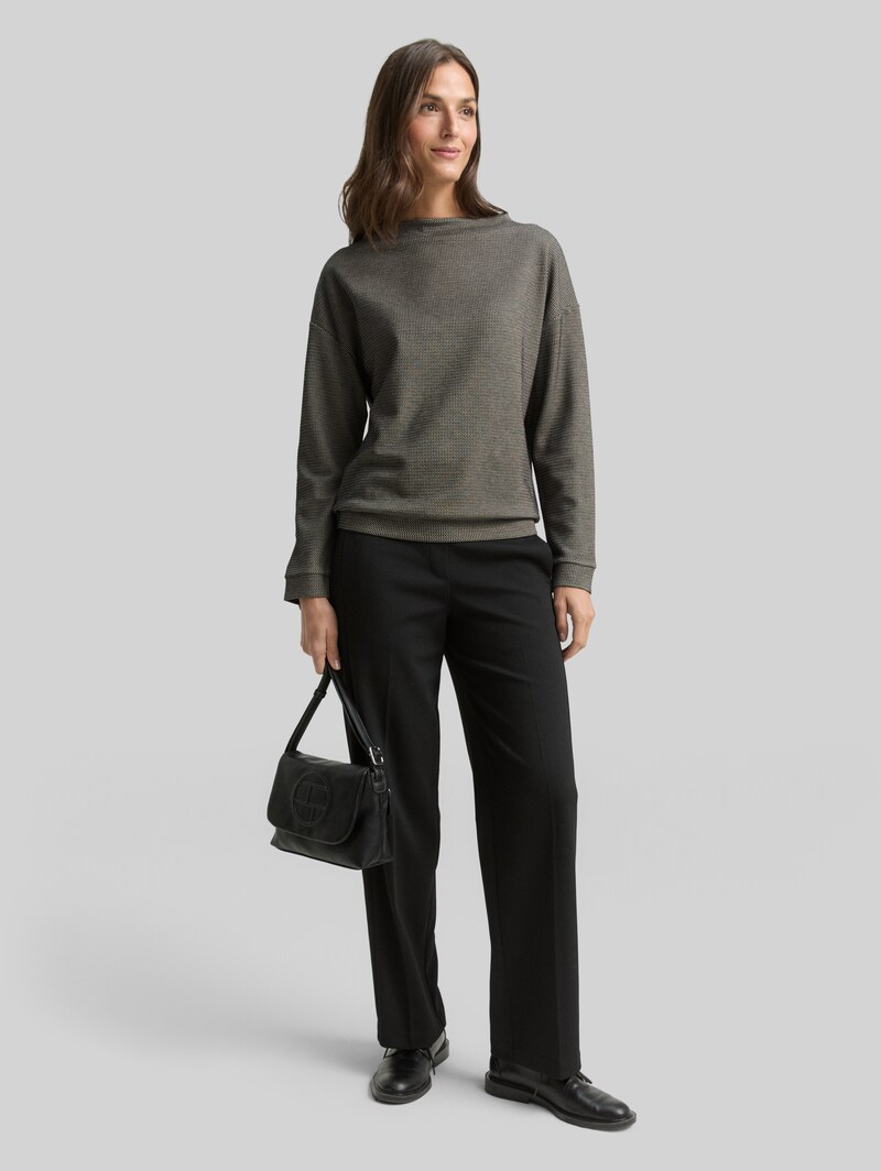 Tom Tailor Loose Fit Sweatshirt mit Stehkragen - Black Beige Wave Structure
