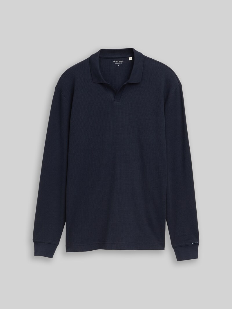 Tom Tailor Langarm Poloshirt mit Waffelstruktur - Sky Captain Blue