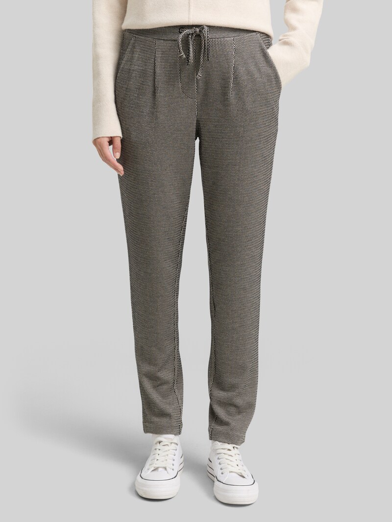 Tom Tailor Loose Slim Jacquard Hose mit Kordelzug - Black Beige Wave Structure