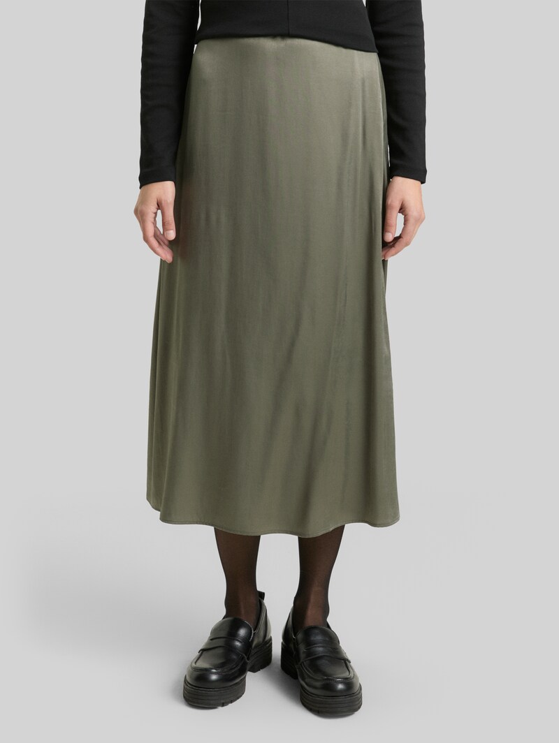 Tom Tailor High Waist Satin Midi-Rock - Cloudy Green