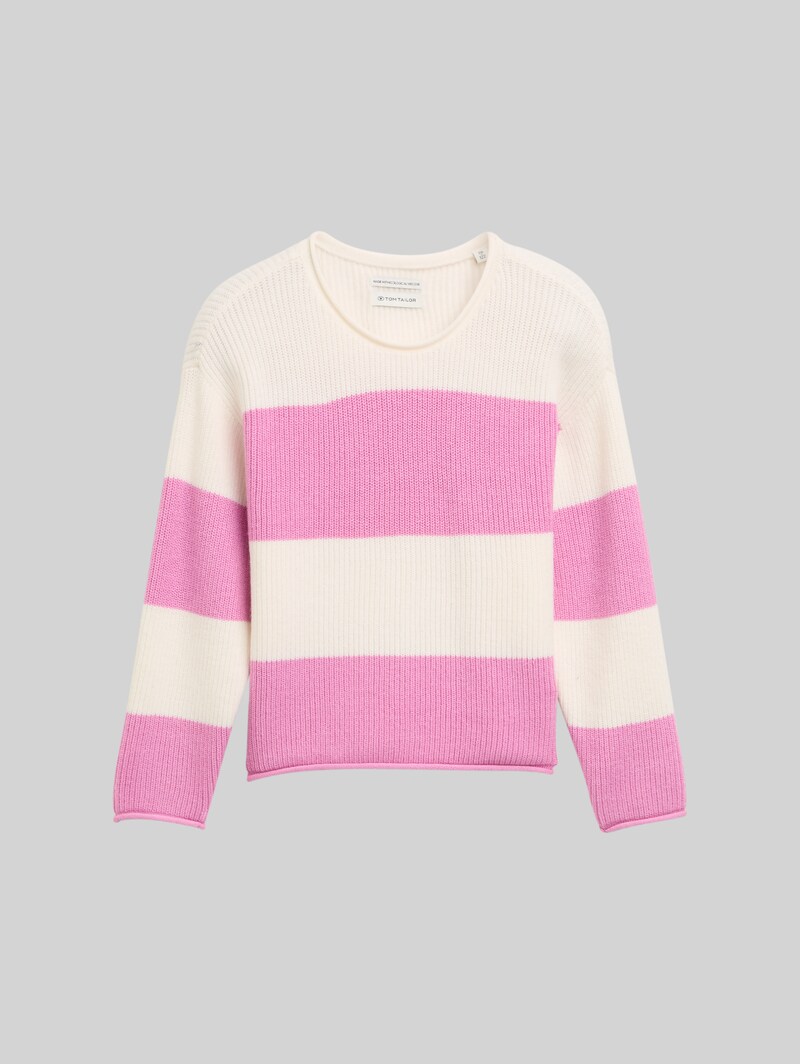 Tom Tailor Cropped Strickpullover - Pink Ecru Block Stripe