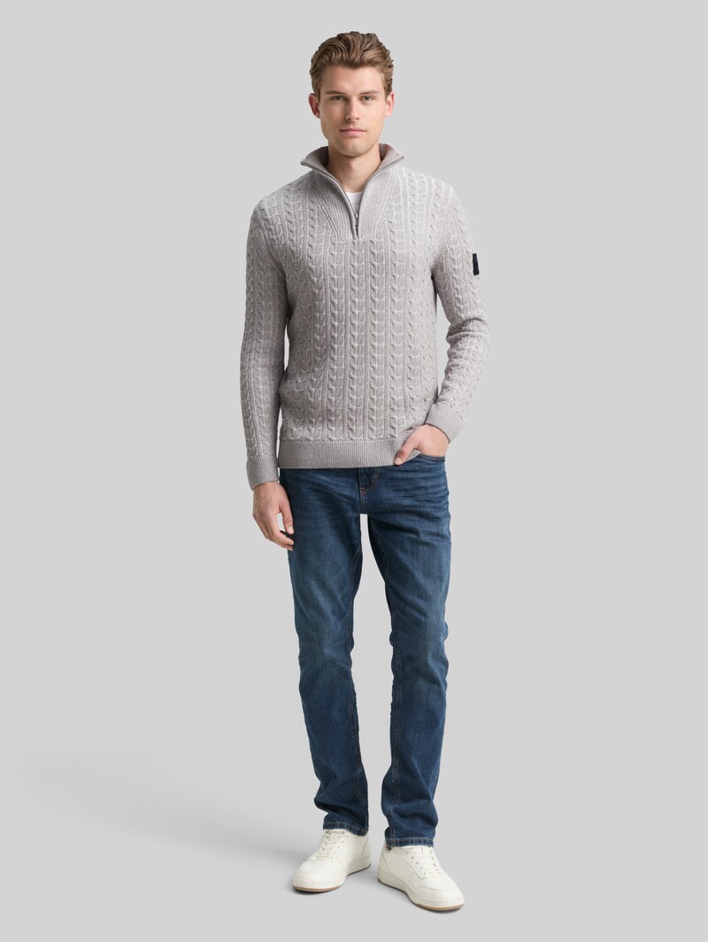 Tom Tailor Troyer Strickpullover mit Zopfmuster - Grey Offwhite Plated