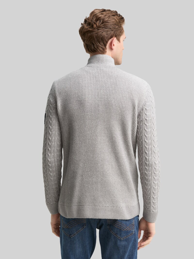 Tom Tailor Troyer Strickpullover mit Zopfmuster - Grey Offwhite Plated