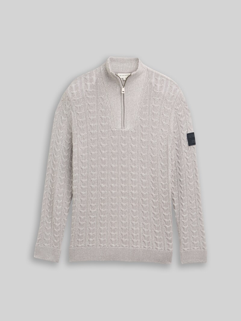 Tom Tailor Troyer Strickpullover mit Zopfmuster - Grey Offwhite Plated