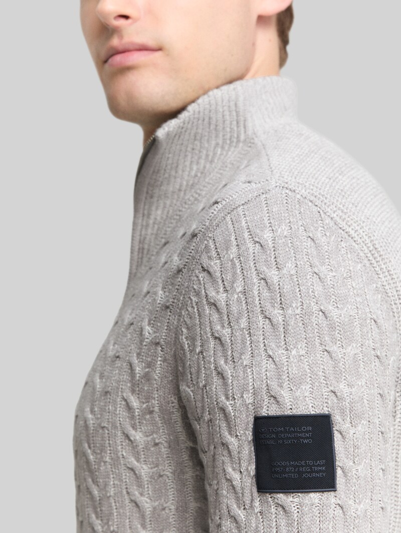 Tom Tailor Troyer Strickpullover mit Zopfmuster - Grey Offwhite Plated