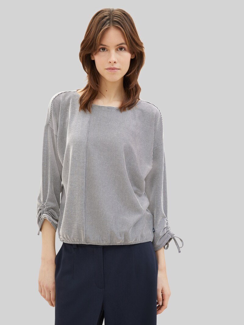 Tom Tailor Loose Fit Langarmshirt mit Raffärmeln - Small Navy White Stripe Tom Tailor Loose Fit Langarmshirt mit Raffärmeln - Small Navy White Stripe