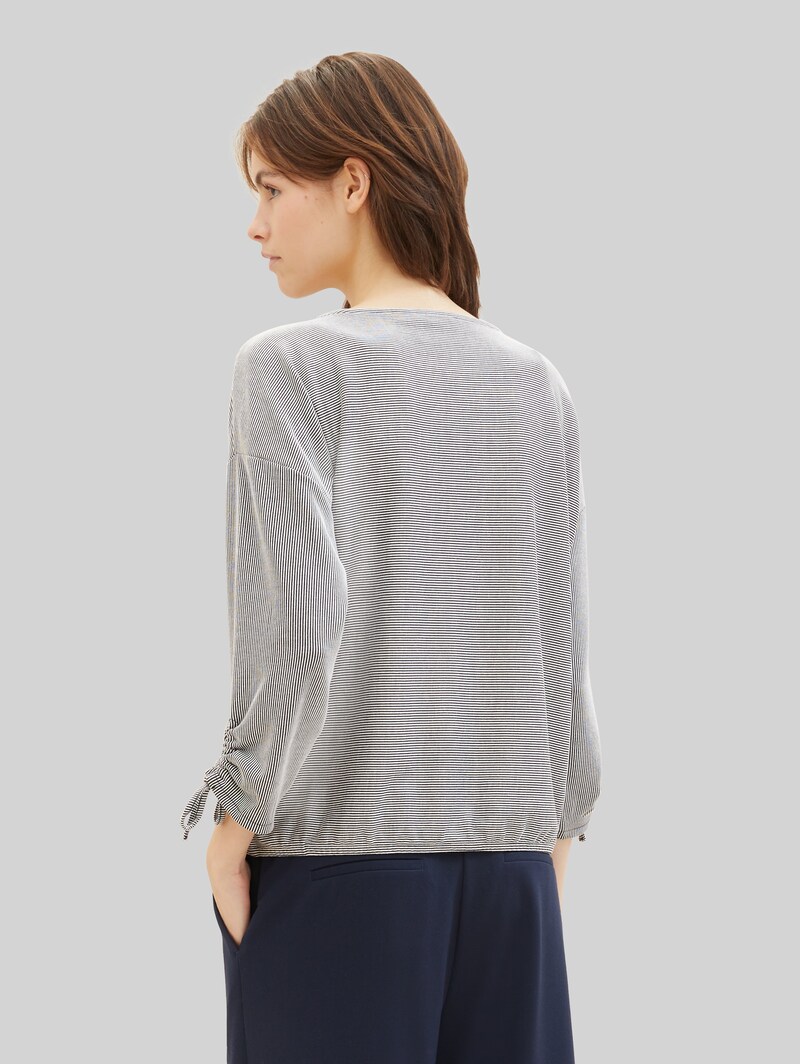 Tom Tailor Loose Fit Langarmshirt mit Raffärmeln - Small Navy White Stripe