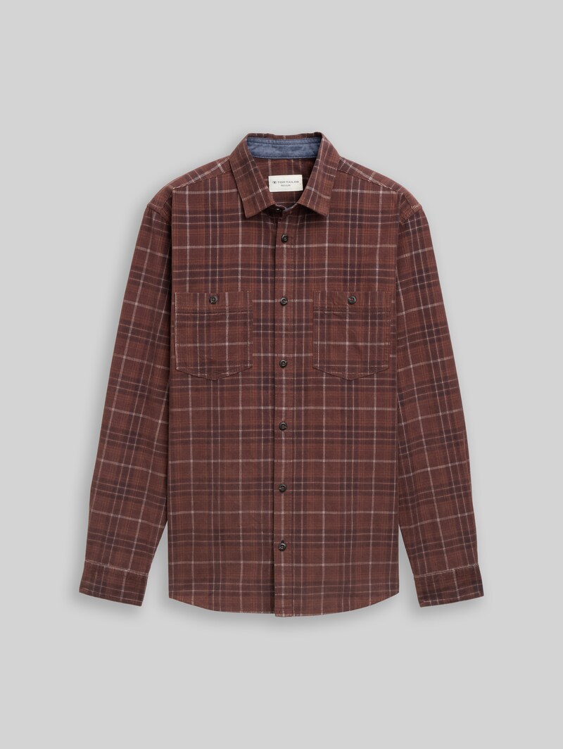 Tom Tailor Regular Fit Cordhemd mit Karomuster - Brown White Cord Check