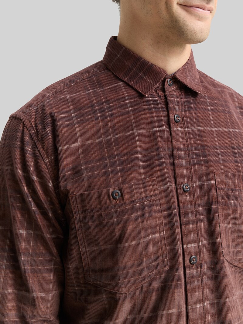 Tom Tailor Regular Fit Cordhemd mit Karomuster - Brown White Cord Check