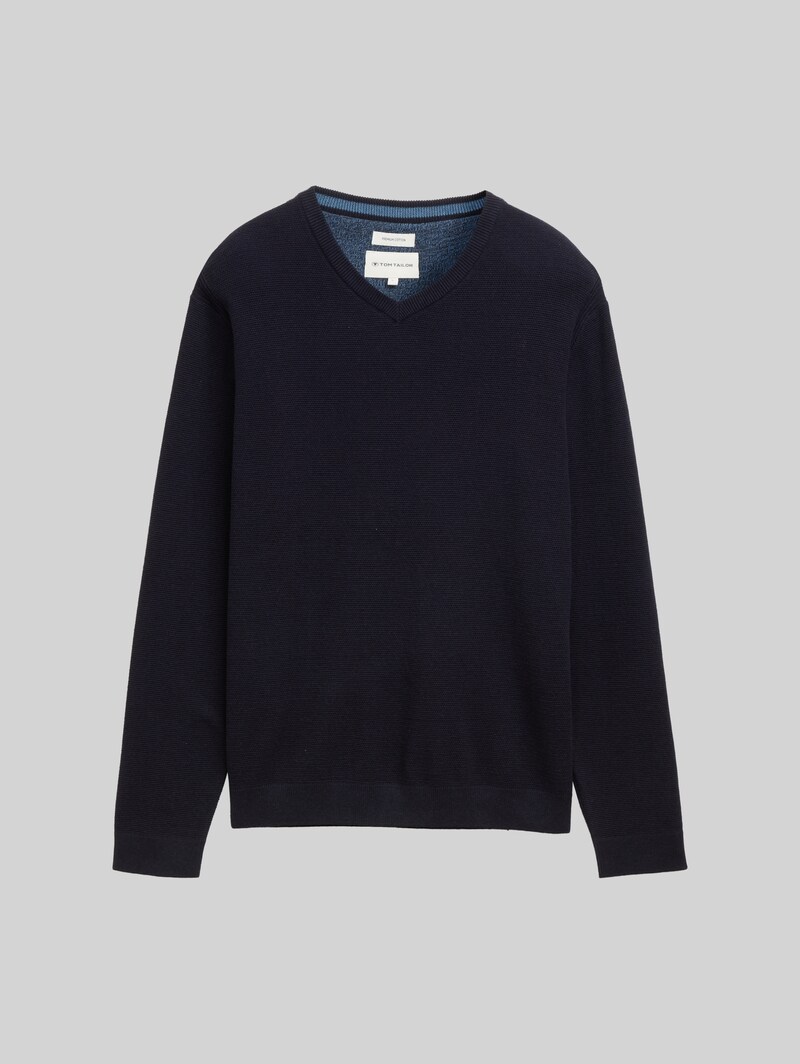 Tom Tailor Strickpullover mit V-Ausschnitt aus Bio-Baumwolle - Knitted Navy Melange