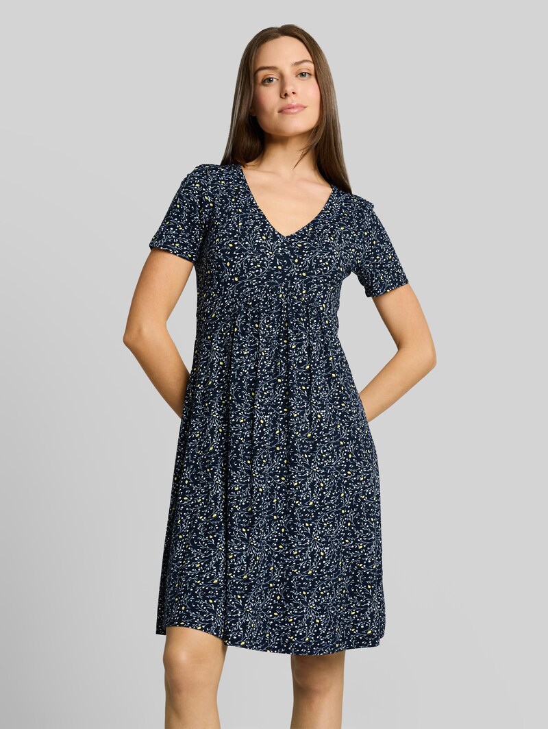 Tom Tailor Jerseykleid mit V-Ausschnitt - Navy Small Leaves Design Tom Tailor Jerseykleid mit V-Ausschnitt - Navy Small Leaves Design