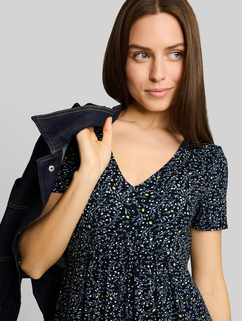 Tom Tailor Jerseykleid mit V-Ausschnitt - Navy Small Leaves Design