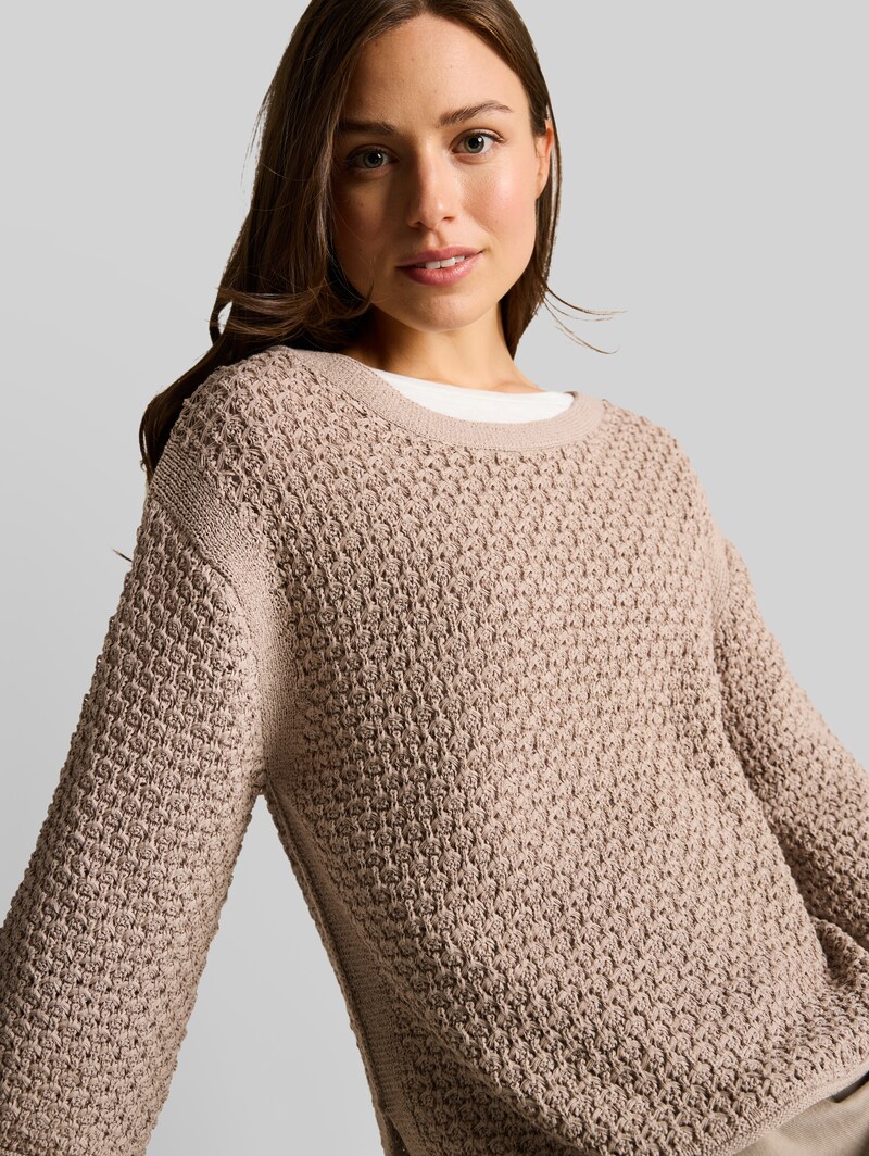 Tom Tailor Loose Fit Strickpullover mit Lochmuster - Soft Taupe Grey