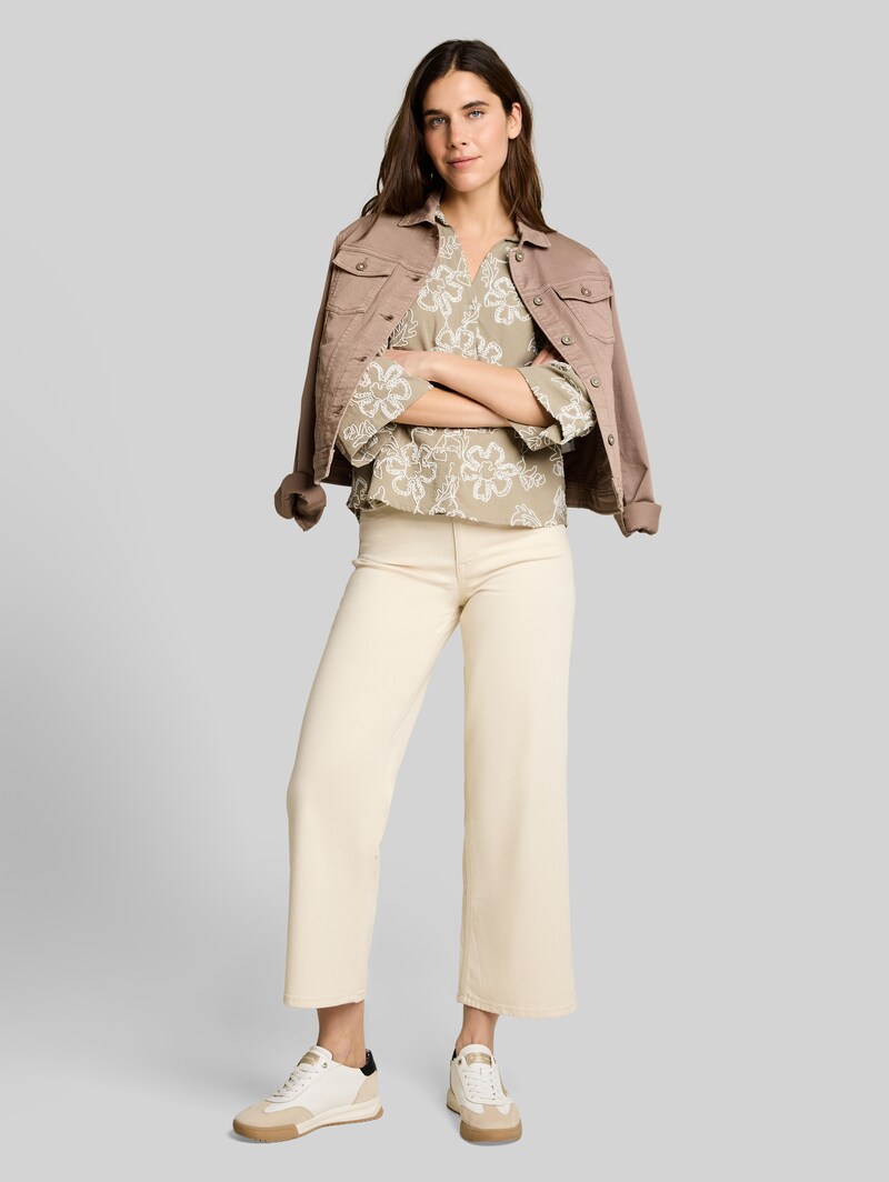 Tom Tailor Oversize Bluse mit Blumen-Stickereien - Olive White Big Flower Design
