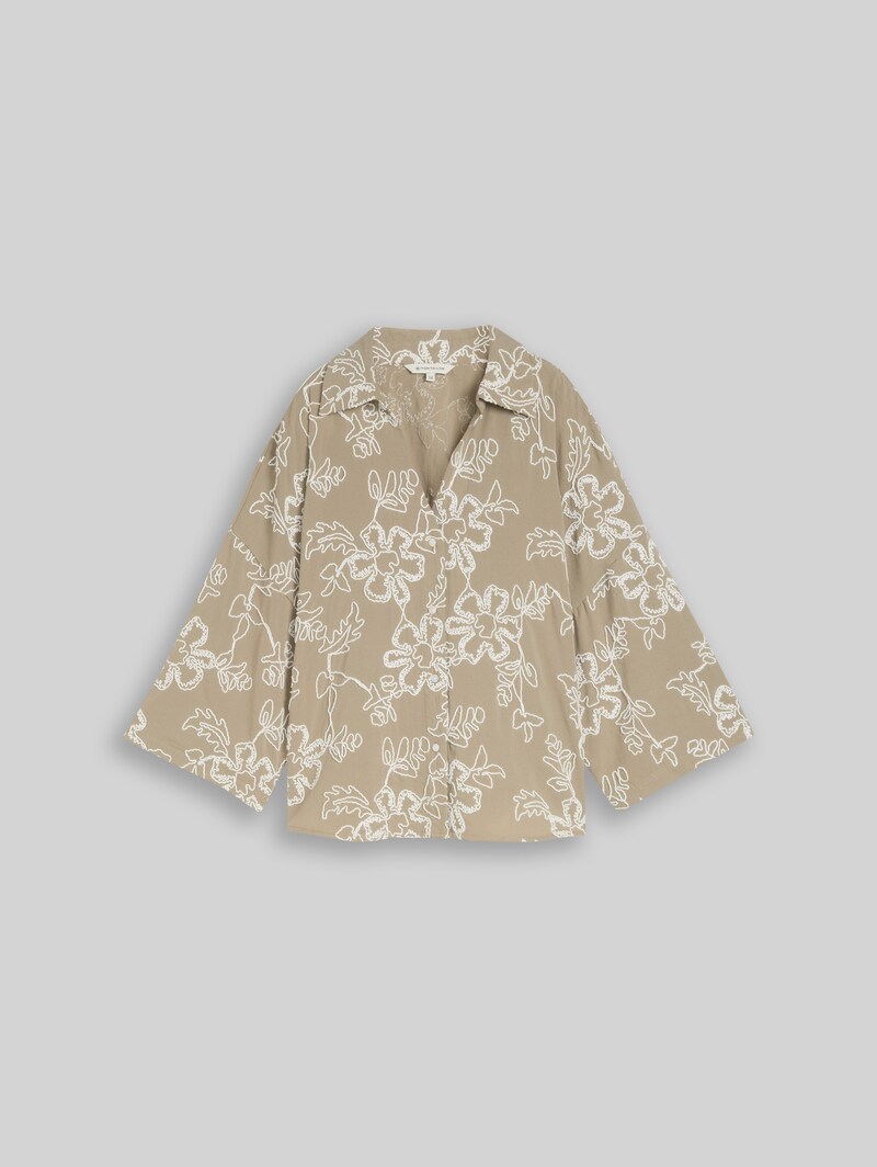 Tom Tailor Oversize Bluse mit Blumen-Stickereien - Olive White Big Flower Design