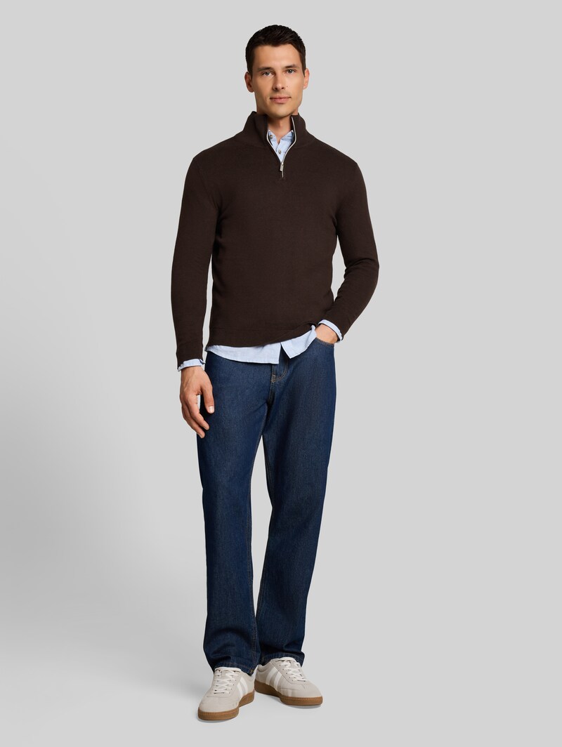 Tom Tailor Troyer Strickpullover mit Kaschmir-Anteil - Dark Chocolate Brown Melange