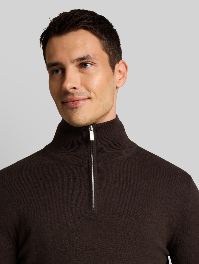 Tom Tailor Troyer Strickpullover mit Kaschmir-Anteil - Dark Chocolate Brown Melange