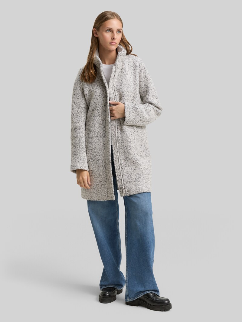 Tom Tailor Bouclé Wollmantel mit Stehkragen - White Black Boucle