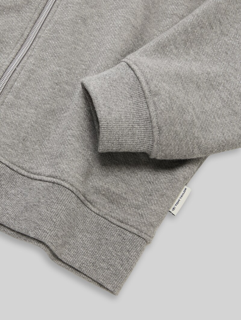Tom Tailor Cropped Hoodie Sweatjacke in Glitzer-Optik - Grey Melange With Glitter