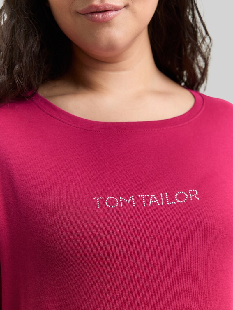 Tom Tailor Plus Size - Slim Fit Langarmshirt mit Glitzer-Logo - Dark Pink