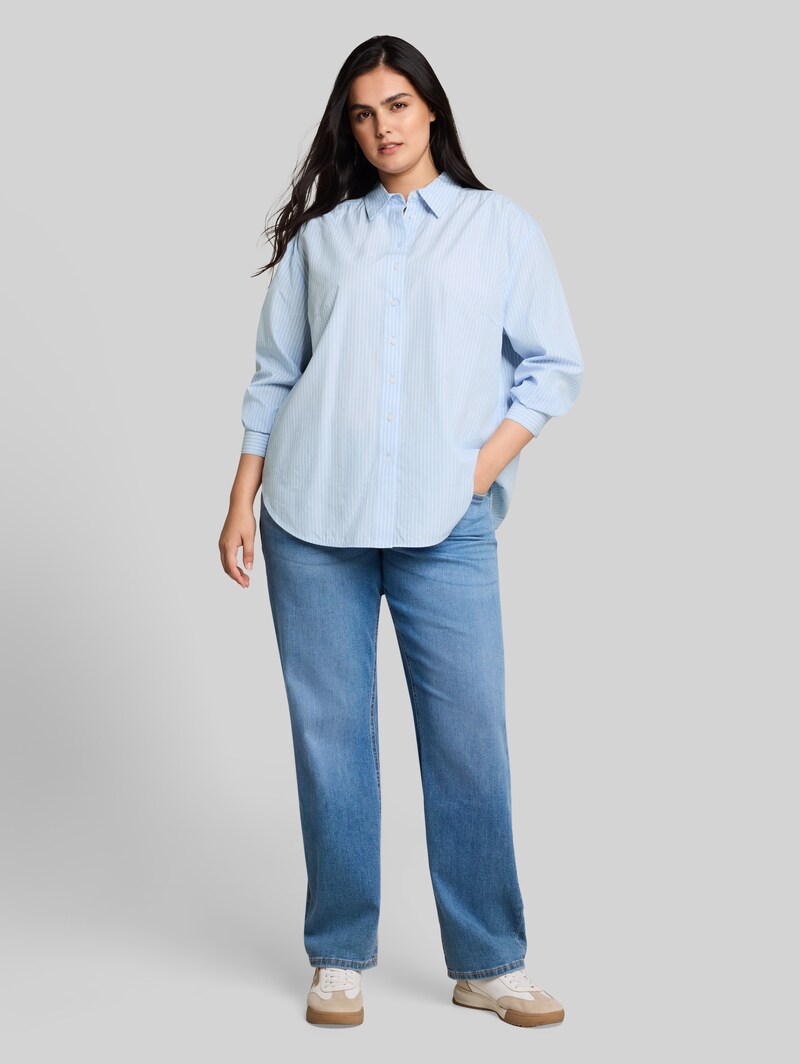 Tom Tailor Plus Size - Loose Fit Popeline Hemdbluse - Mid Blue White Stripe