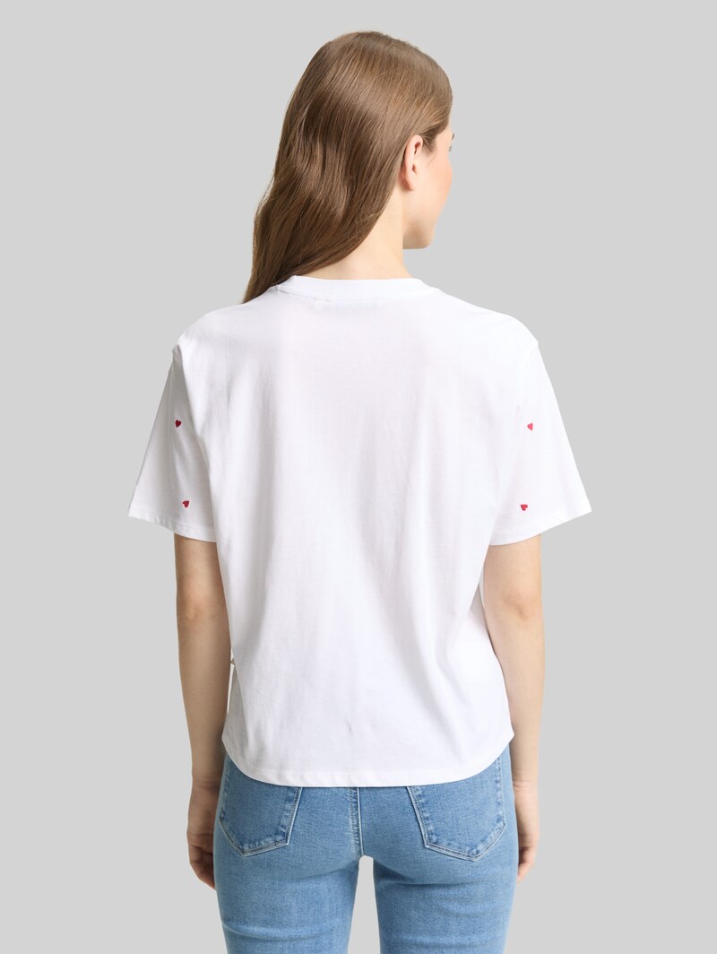 Tom Tailor Boxy Fit T-Shirt mit Stickereien - White Red Heart Embroidery