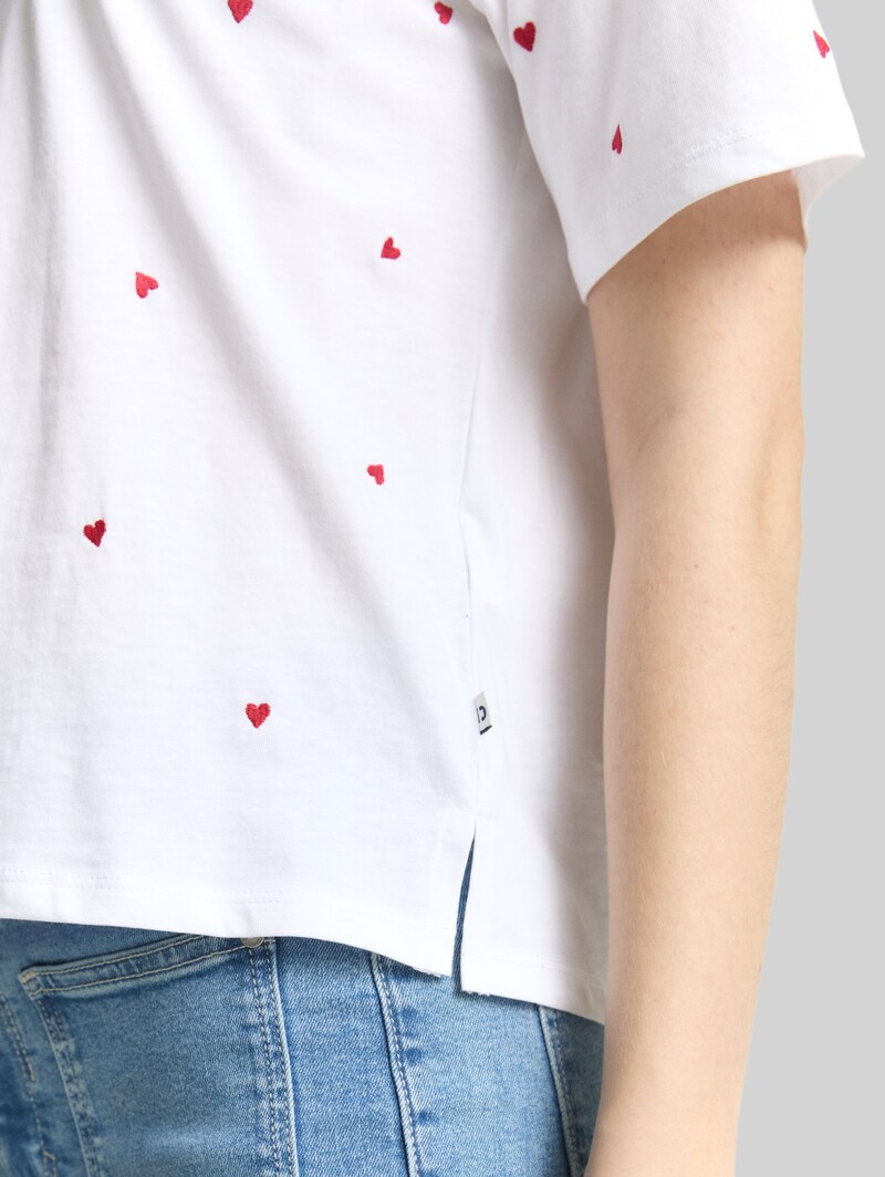 Tom Tailor Boxy Fit T-Shirt mit Stickereien - White Red Heart Embroidery