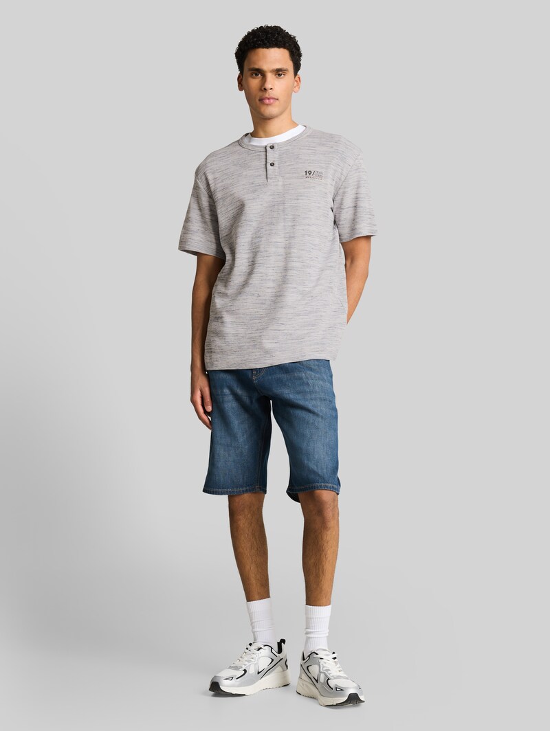 Tom Tailor Henley T-Shirt in Melange-Optik - White Grey Waffle Inject
