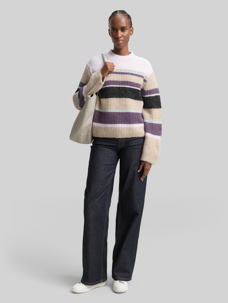Tom Tailor Relaxed Fit Strickpullover mit Streifenmuster - Beige Lilac Multicolor Stripe