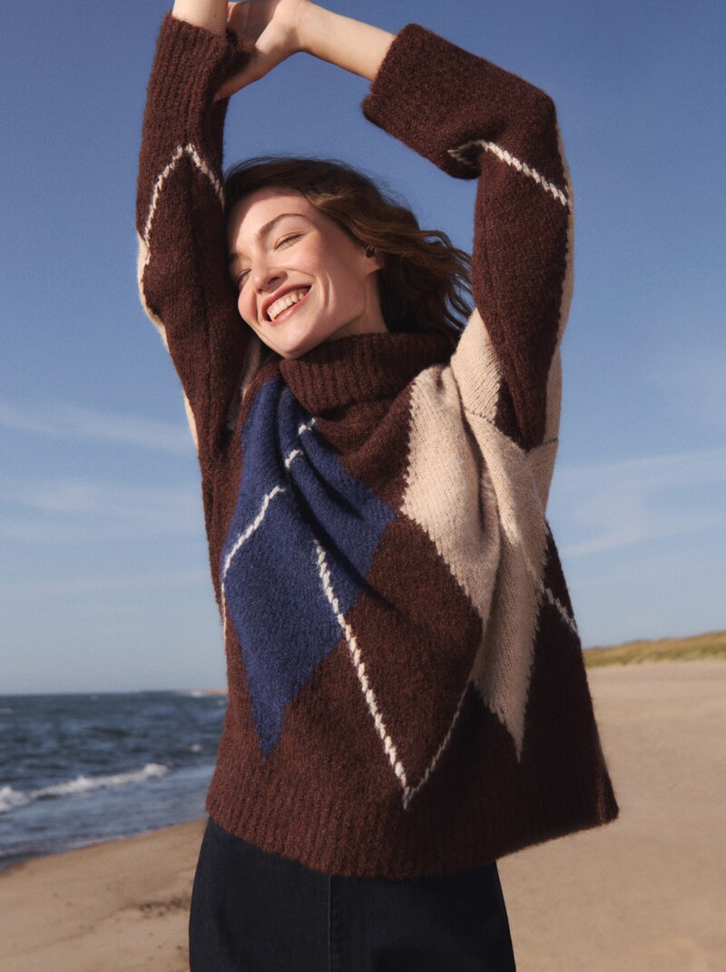 Tom Tailor Oversize Rollkragenpullover mit Wollanteil - Brown Blue Argyle Knit Dsign