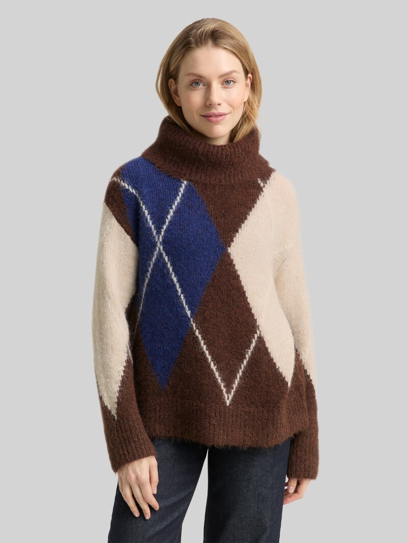 Tom Tailor Oversize Rollkragenpullover mit Wollanteil - Brown Blue Argyle Knit Dsign