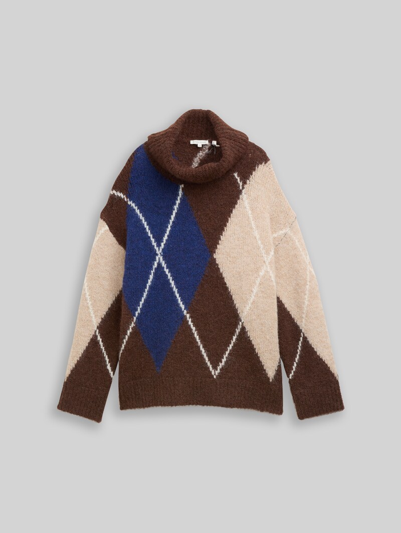 Tom Tailor Oversize Rollkragenpullover mit Wollanteil - Brown Blue Argyle Knit Dsign