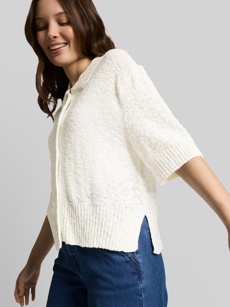 Tom Tailor Loose Fit Bouclé Cardigan mit Kragen - Whisper White