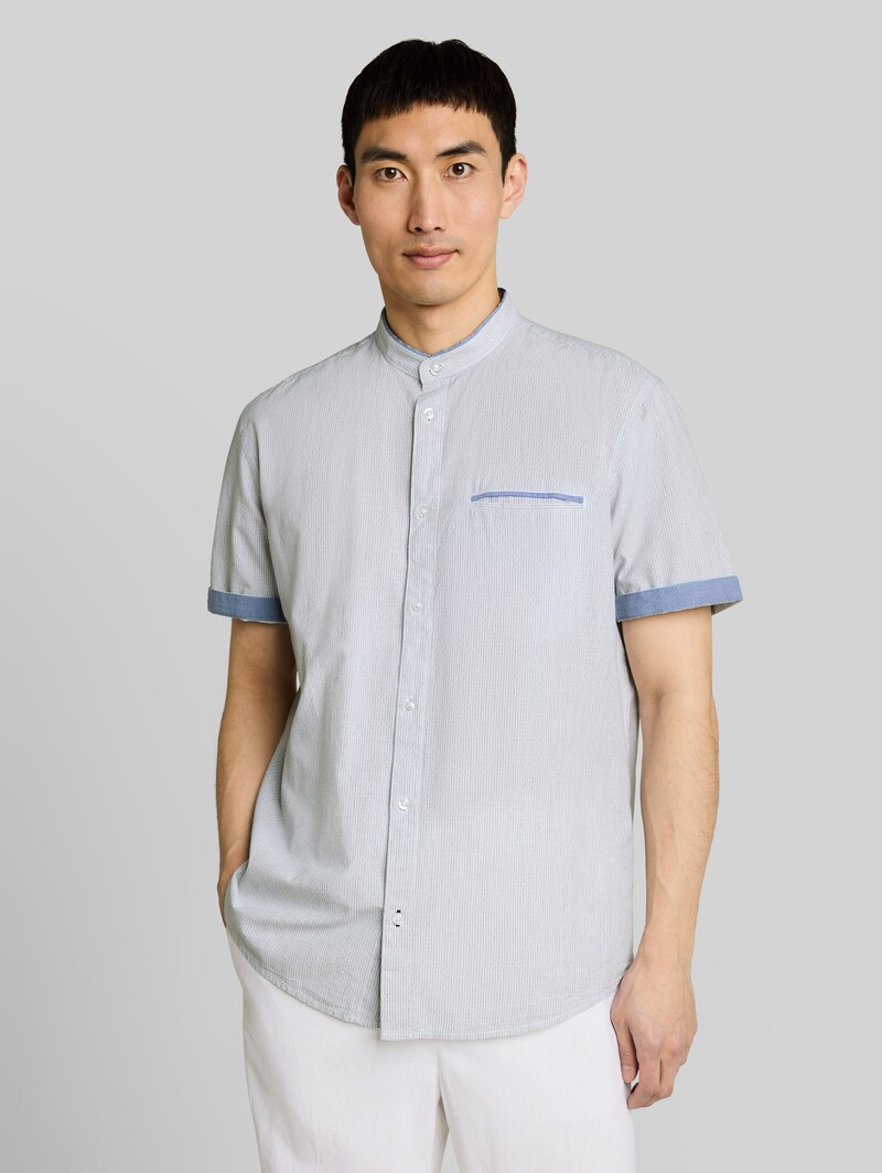 Tom Tailor Regular Fit Kurzarmhemd mit Stehkragen - White Navy Small Stripe Tom Tailor Regular Fit Kurzarmhemd mit Stehkragen - White Navy Small Stripe