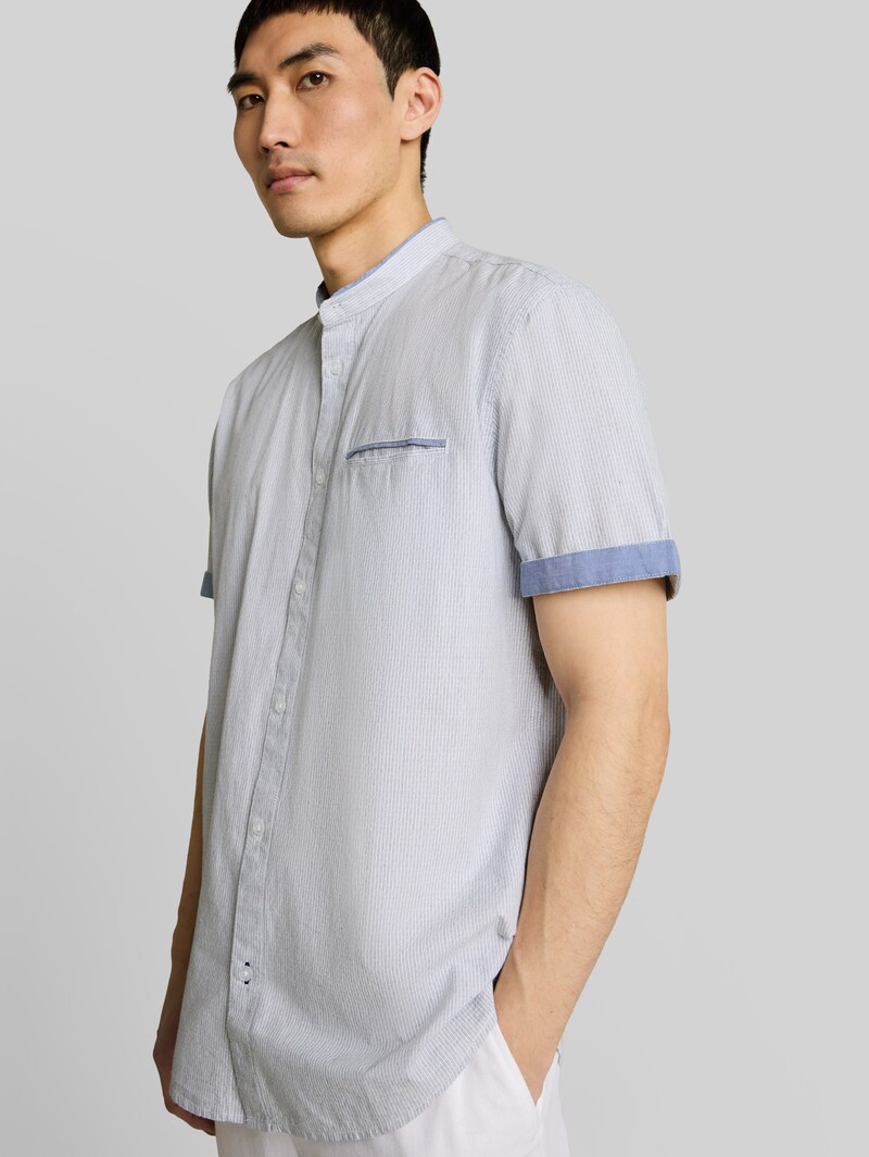Tom Tailor Regular Fit Kurzarmhemd mit Stehkragen - White Navy Small Stripe