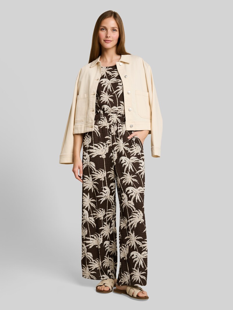 Tom Tailor Crinkle Jumpsuit mit Rüschenärmeln - Brown Palmtree Print