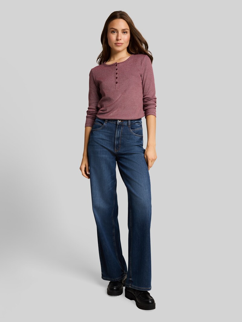Tom Tailor Henley Langarmshirt mit Rippstruktur - Light Pink Preppy Plum Stripe