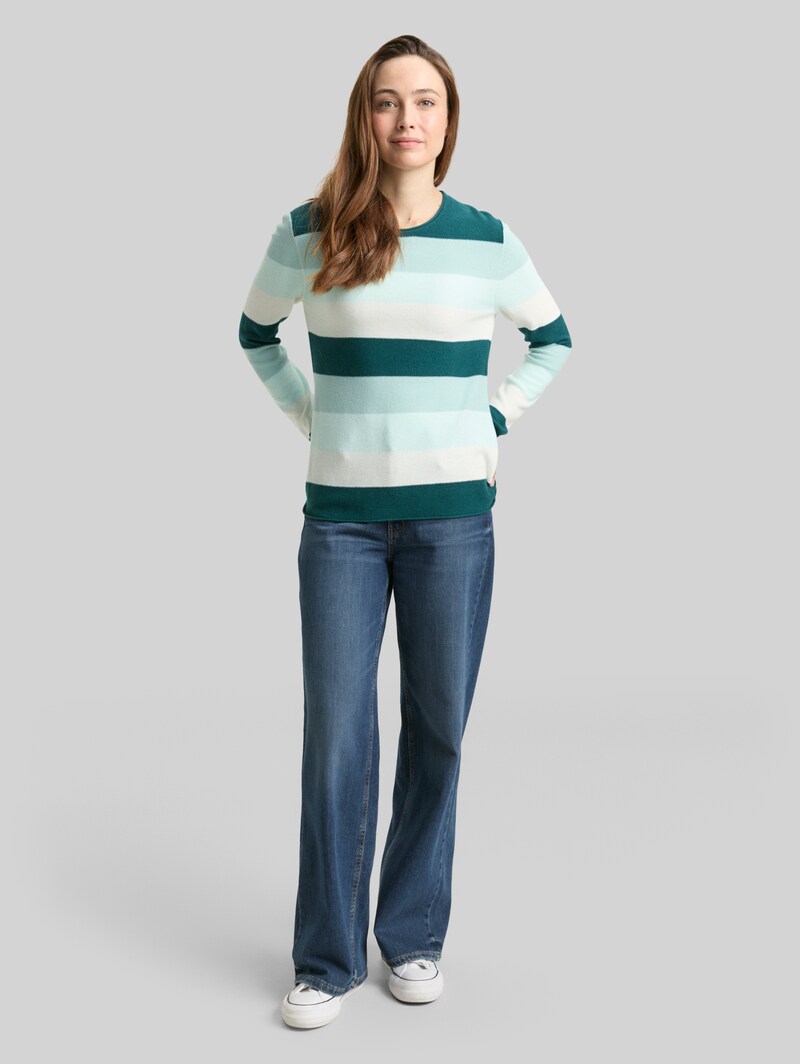 Tom Tailor Strickpullover mit Rundhalsausschnitt - Green Mint White Stripe
