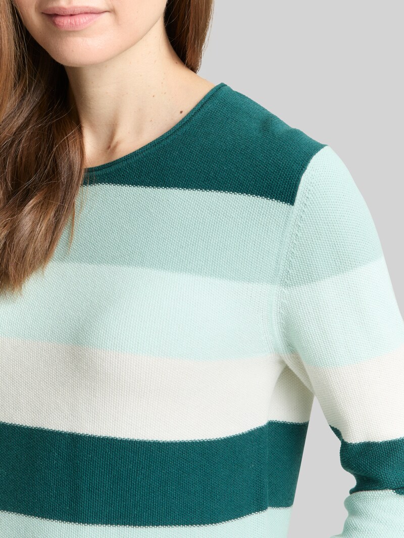 Tom Tailor Strickpullover mit Rundhalsausschnitt - Green Mint White Stripe