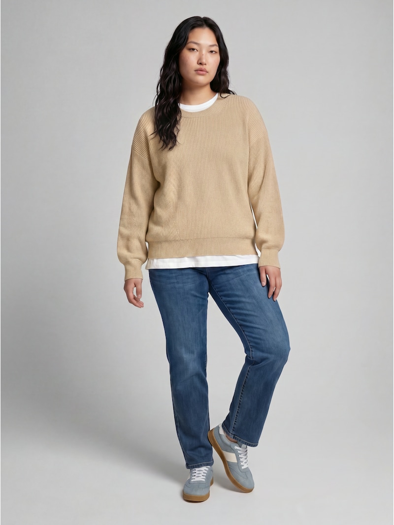 Tom Tailor Plus Size - Oversize Strickpullover mit Rundhalsausschnitt - Gravel Beige Melange