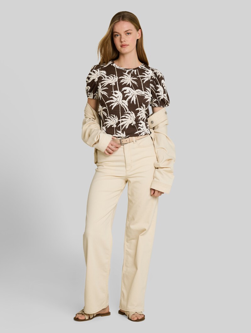 Tom Tailor Crinkle T-Shirt mit Ballonärmeln - Brown Palmtree Print