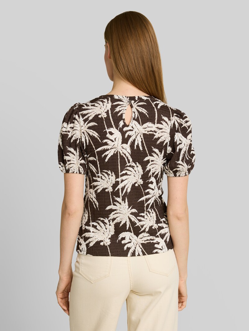Tom Tailor Crinkle T-Shirt mit Ballonärmeln - Brown Palmtree Print