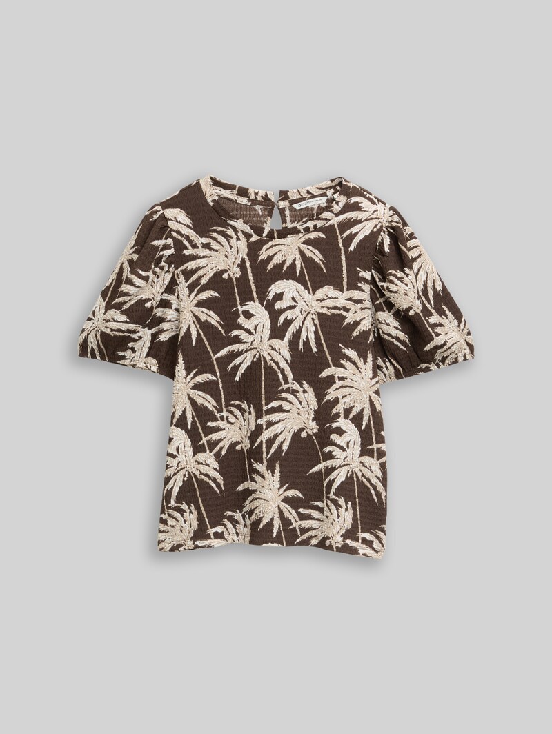 Tom Tailor Crinkle T-Shirt mit Ballonärmeln - Brown Palmtree Print