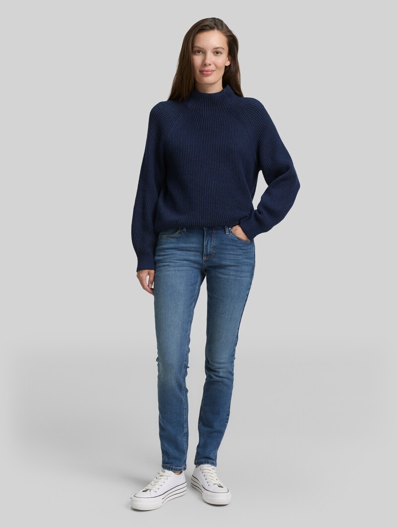 Tom Tailor Loose Fit Strickpullover mit Stehkragen - Blue Rib Structure