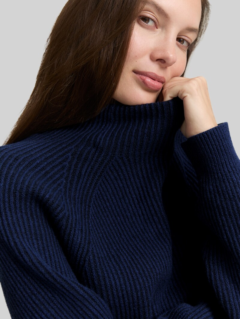 Tom Tailor Loose Fit Strickpullover mit Stehkragen - Blue Rib Structure