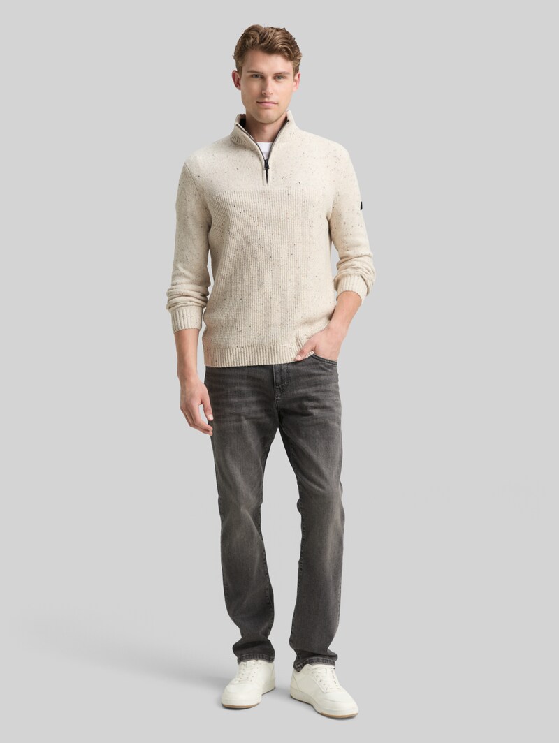 Tom Tailor Troyer Strickpullover mit Strukturmix - Offwhite Melange Multi Neps