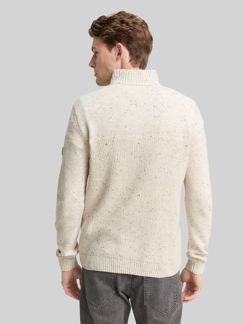 Tom Tailor Troyer Strickpullover mit Strukturmix - Offwhite Melange Multi Neps
