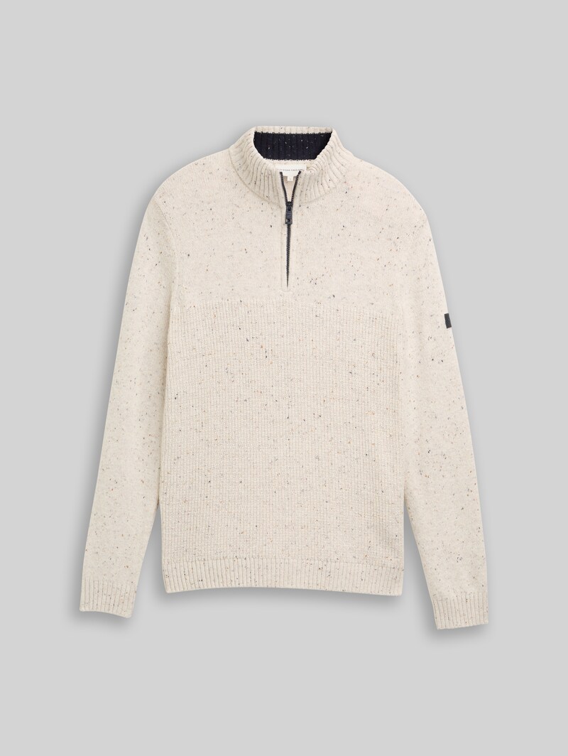 Tom Tailor Troyer Strickpullover mit Strukturmix - Offwhite Melange Multi Neps