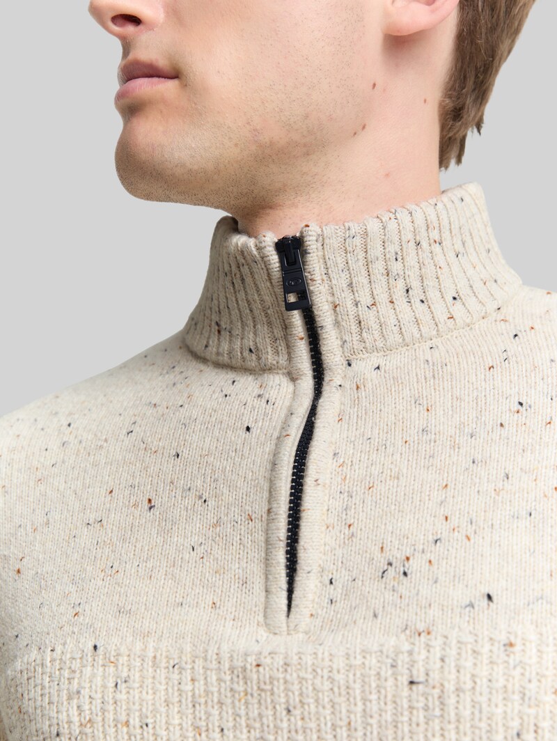 Tom Tailor Troyer Strickpullover mit Strukturmix - Offwhite Melange Multi Neps