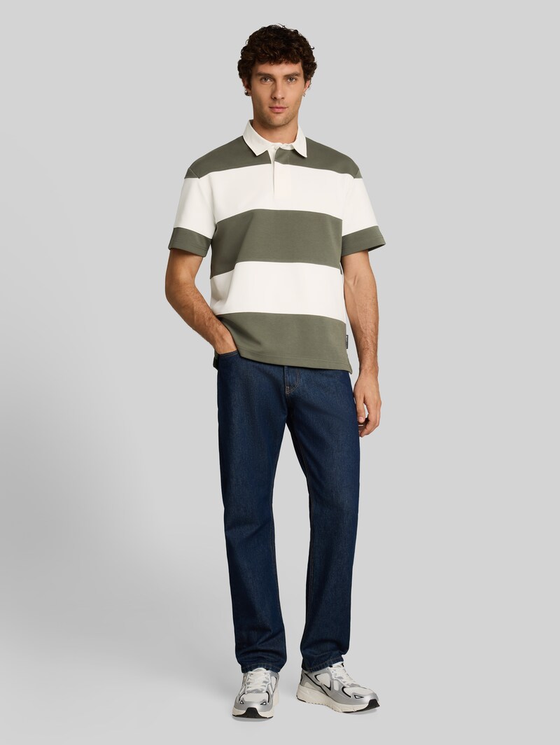 Tom Tailor Relaxed Fit Poloshirt mit Blockstreifen - Olive Green Gardenia Stripe